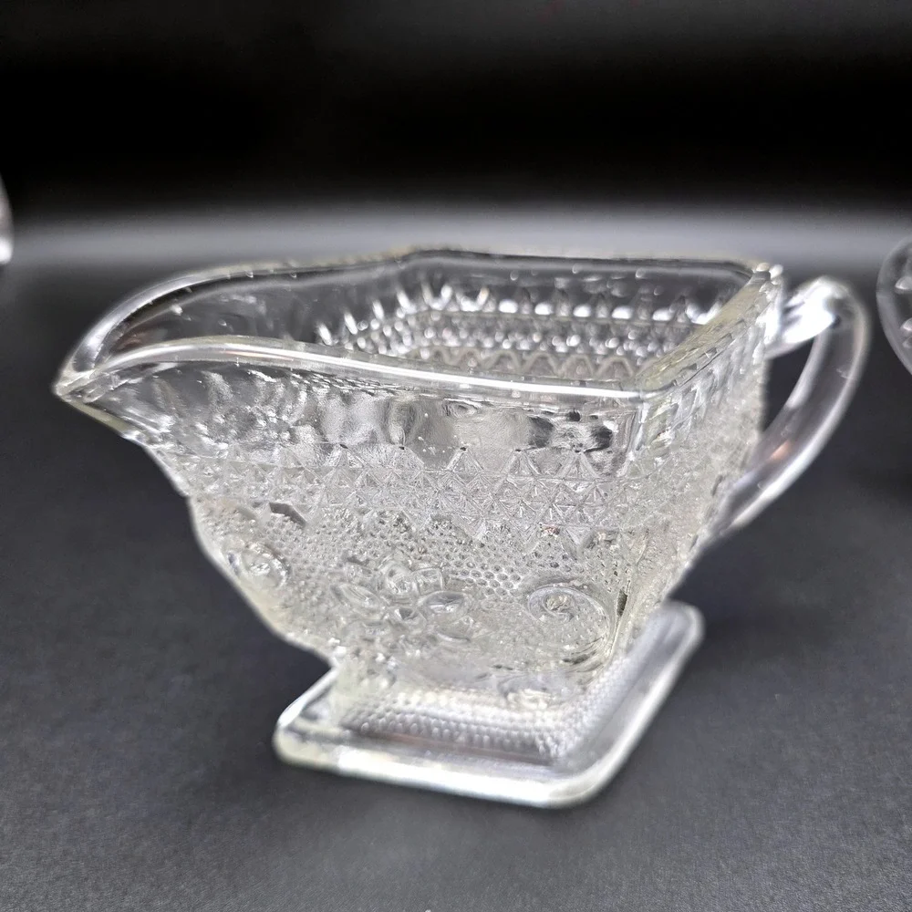 Vintage Clear Pressed Glass‎ Creamer and Sugar Bowl Set Floral Diamond Pattern